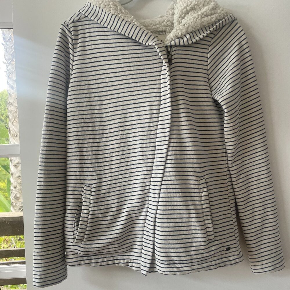 O'Neil Vertica Navy and White Stripe Front Zipper Hoodie, Sherpa Lined, XS